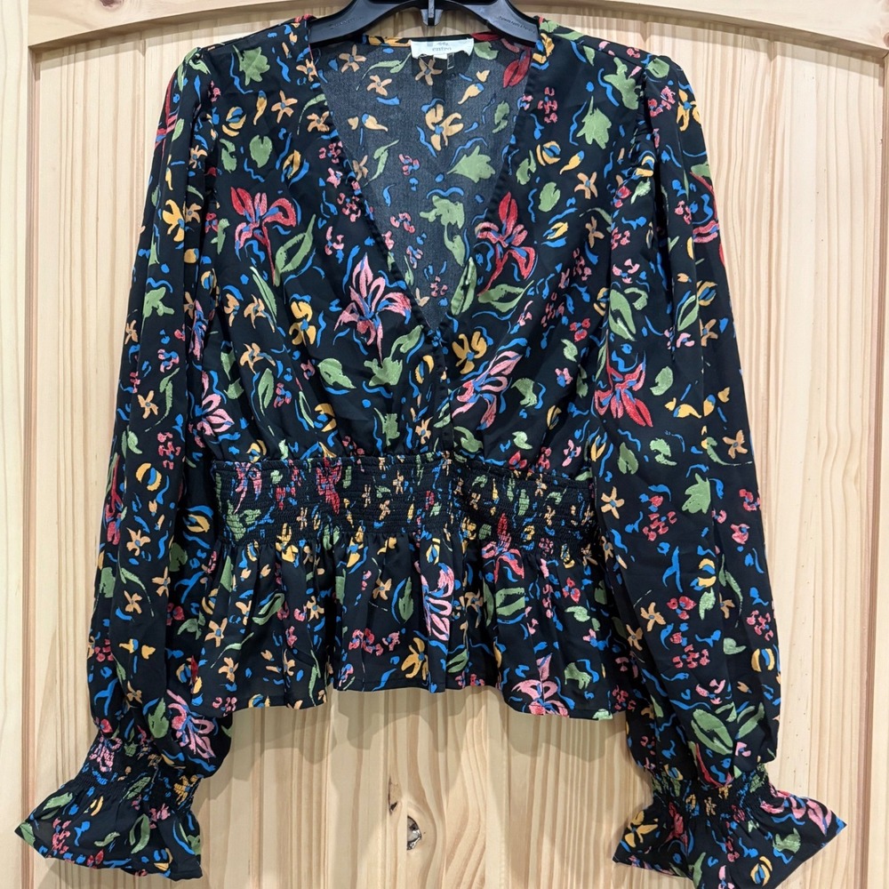 Entro Women Black Floral Smocked Waist Peplum Blouse V-Neck Long Sleeve L